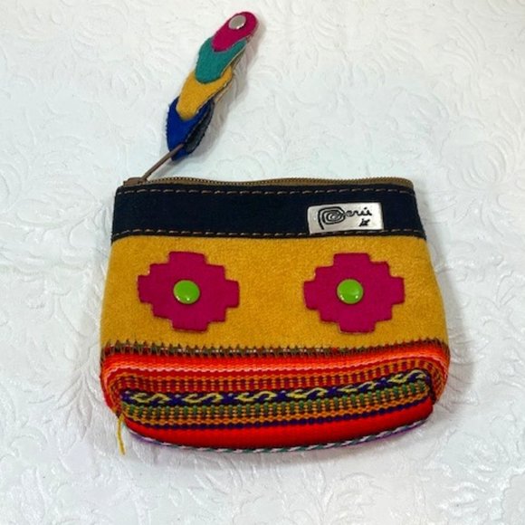 Peruvian Chakana Faux Leather Coin Zip Pouch Purse Incan Designs 4"x3"LIKE NEW - Picture 1 of 7